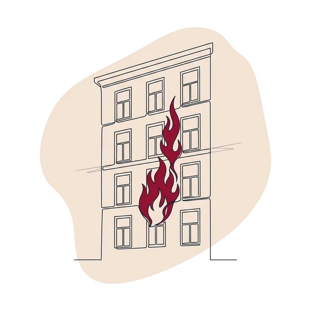 Façade d'immeuble avec des flammes stylisées sortant d'une fenêtre vers l'étage supérieur